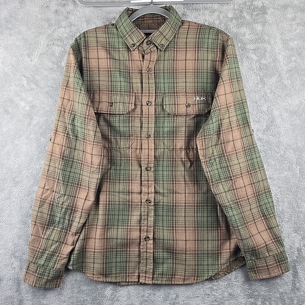 HUK Performance Flannel Shirt Mens Small Brown Green‎ Plaid Fishing Soft